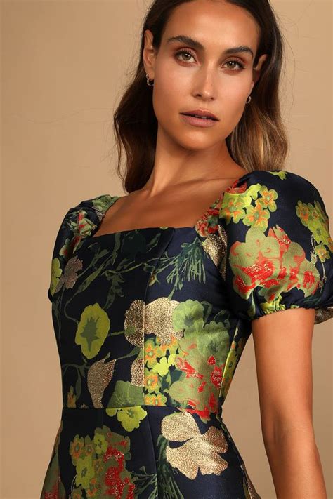 So Stunning Navy Blue Floral Jacquard Puff Sleeve Mini Dress Blue