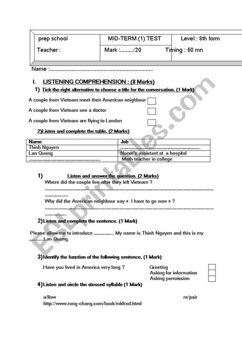 8 Th Form Test Listening Part ESL Worksheet By Piranhac