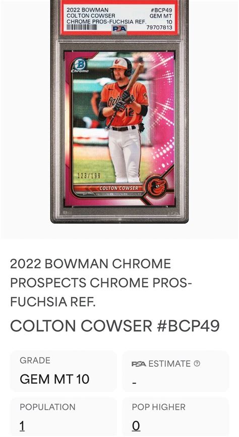 2022 Bowman Chrome Prospect Colton Cowser 199 Fuchsia Refractor PSA 10