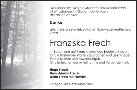 Traueranzeigen von Franziska Frech Südwest Presse Trauer