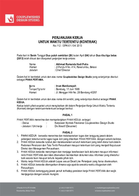 Detail Contoh Surat Perjanjian Kerja Waktu Tertentu Koleksi Nomer 2