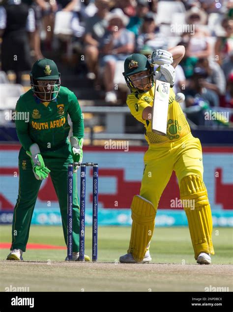 Australias Alyssa Healy Plays A Shot While South Africas Sinalo Jafta