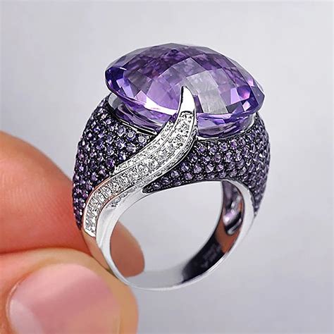 Anel Redondo De Strass Zirc O Para Mulheres Grande Cristal Roxo Pedra