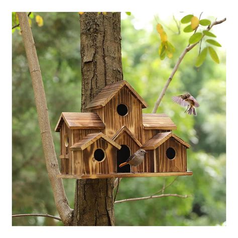 Wooden Bird Houses for Outside,6 Hole Handmade Natural Bird House for ...