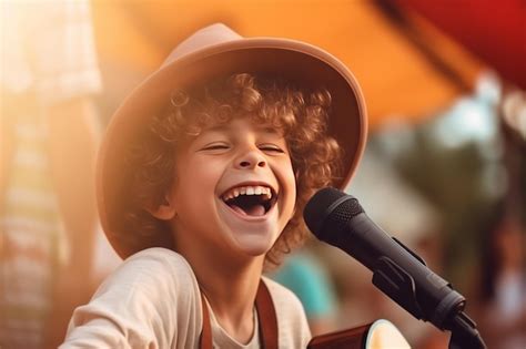 El Ni O Cantante Toca Una Guitarra Ac Stica Y Canta En Un Concierto