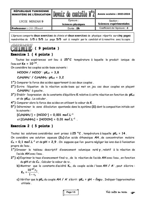 Bac Sc Exp Rimentales Physique Devoir De Contr Le N Physique