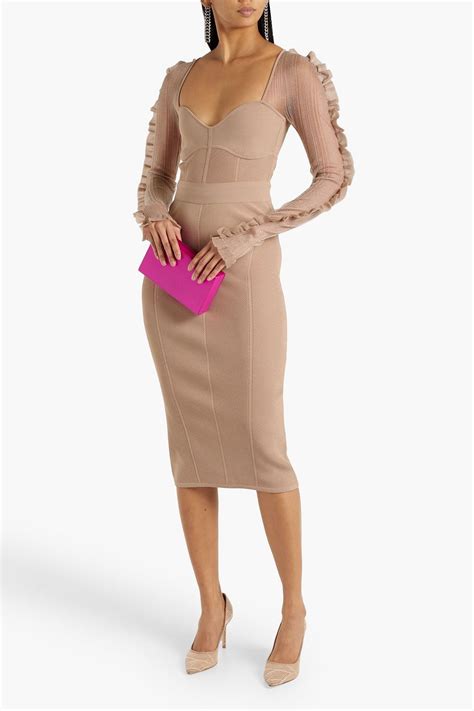 Herv L Ger Ribbed Tulle Paneled Bandage Midi Dress The Outnet