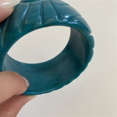 Vintage Teal Blue Carved Bangle Plastic Lucite Brace Gem