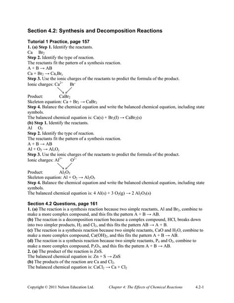 Decomposition And Synthesis Reactions Worksheet