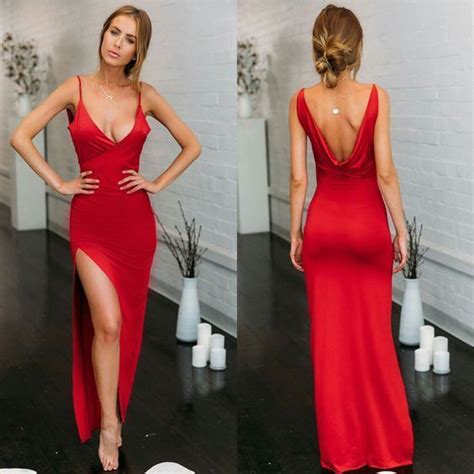 Sexy Mermaid Spaghetti Straps V Neck Red Side Slit Satin Long Prom Dresses