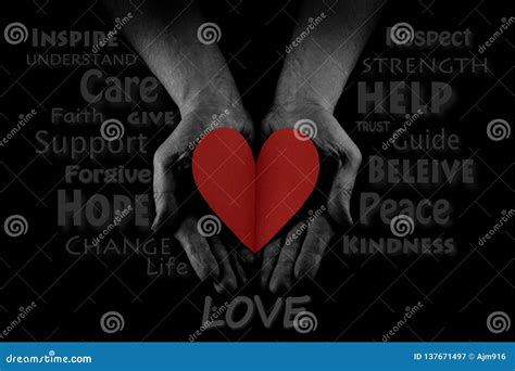 Helping Hand Concept, Man`s Hands Palms Up, Giving Red Heart, Reaching Out. Word Cloud Stock ...