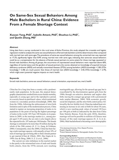 PDF On Same Sex Sexual Behaviors Among Male Bachelors In Rural China Evidence From A Female