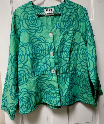 FLAX By Jeanne Engelhart Top Womens Small Print Button Waist Jacket