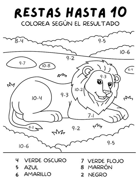 Ficha Matemáticas Restas Hasta 10 Colorear León Pdf