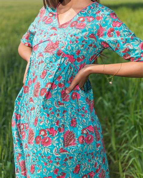 Blue Floral Handblock Printed Cotton Dress By Sooti Syahi The Secret Label