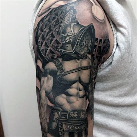 Incredible Painted And Colored Large Shoulder Tattoo Of Gladiator