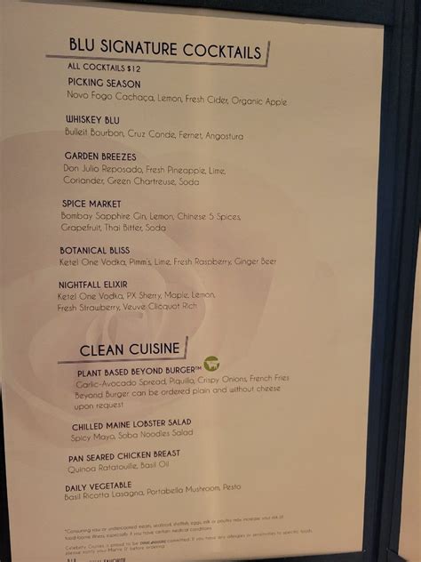 Aqua Class Blu Menus Celebrity Cruises Cruise Critic Community