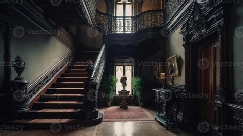 Dark gothic mansion hall in victorian style interior with staircase and ...