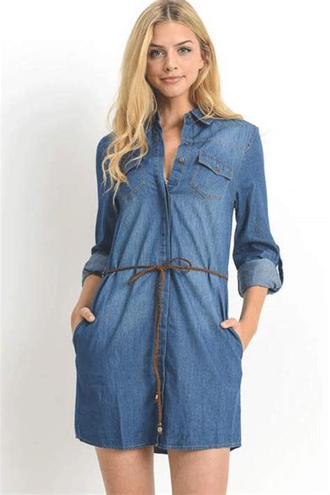 Cest Toi Denim Dress With Pockets And Belt Denim Dress Long Sleeve