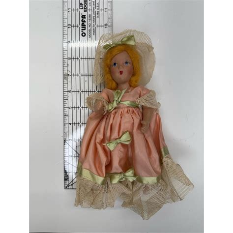 Vintage 1930s 1940s Bisque Blonde Doll 9 Inch Peach Satin Dress Hand