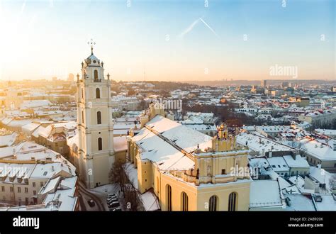 Beautiful Vilnius City Panorama In Winter With Snow Covered Houses