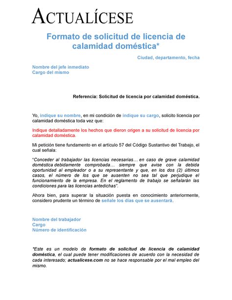 Solicitud Calamidad Domestica Formato De Solicitud De Licencia De