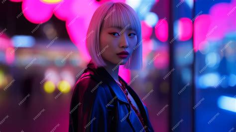 Premium Ai Image A Woman Stands In Front Of A Neon Light