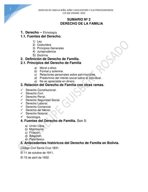 Sumario N Derecho De Familia D Derecho De Familia Ni O Ni A Y