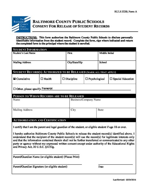 Bcps Consent To Release Records Form Fillable Educational Talent