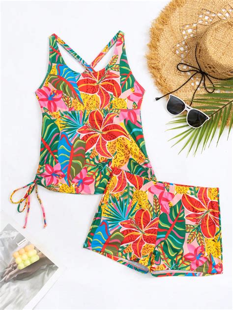 Tropical Print Drawstring Side Bikini Swimsuit Shein Usa