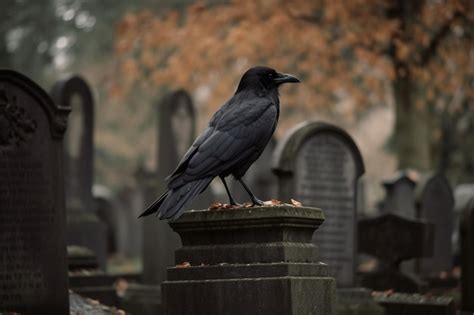 Premium Photo A Crow Perched On A Gravestone In A Cemeter