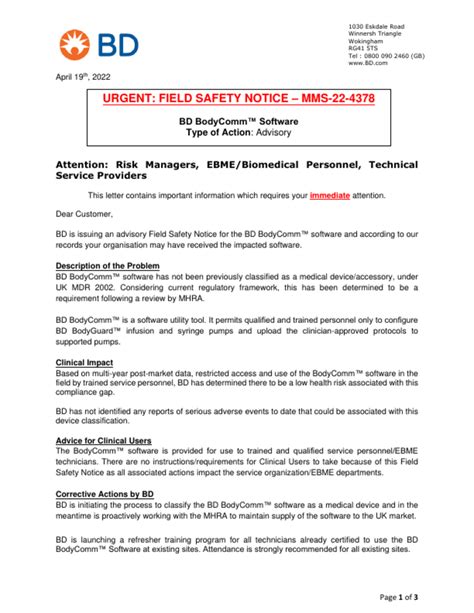 Recall Bd Bodycomm Software Urgent Field Safety Notice Utility Tool