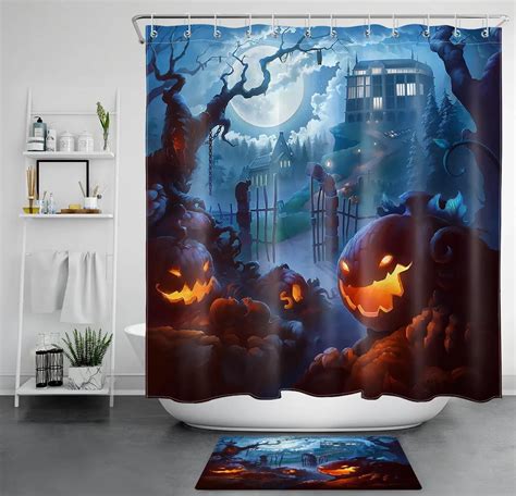 Inpercust Spooky Night Castle Pumpkin Lanterns Halloween Shower Curtain