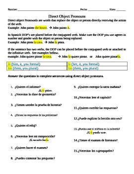 Spanish Direct Object Pronouns Worksheet By C Dym Tpt