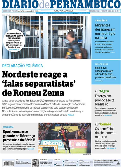 Capa Diario De Pernambuco Edi O Segunda De Agosto De