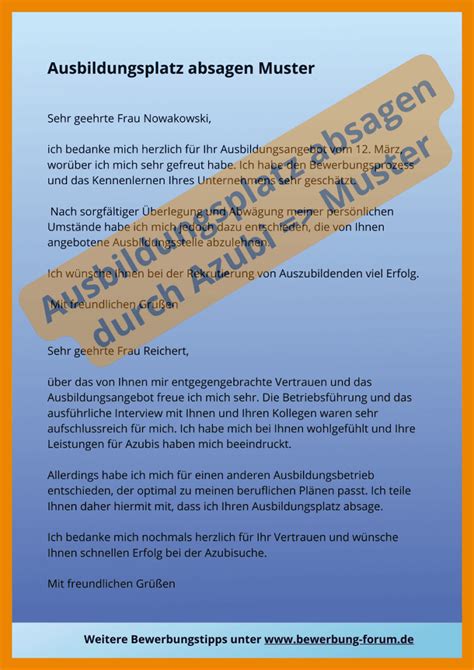 Ausbildungsplatz absagen ᐅ Muster für Absage durch Azubi