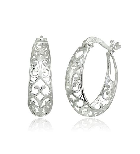 Sterling Silver High Polished Filigree Heart Oval Hoop Earrings