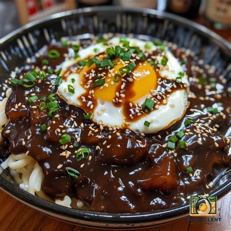 Korean Black Bean Noodles Jjajangmyeon With Fried Egg On Top