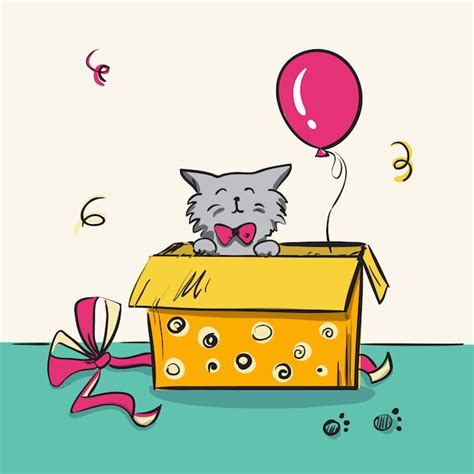 Premium Vector Hand Drawn Kitten In A Box As Birthday T