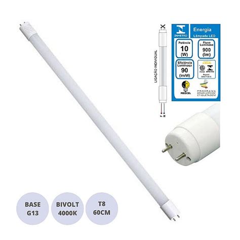 Lampada LED 10W Tubular T8 60cm INMETRO Branco Neutro 4000K Bivolt