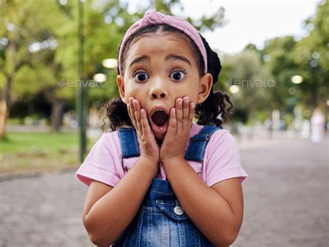 Wow Surprise And Girl Child At Park Outdoors Looking Shocked Face