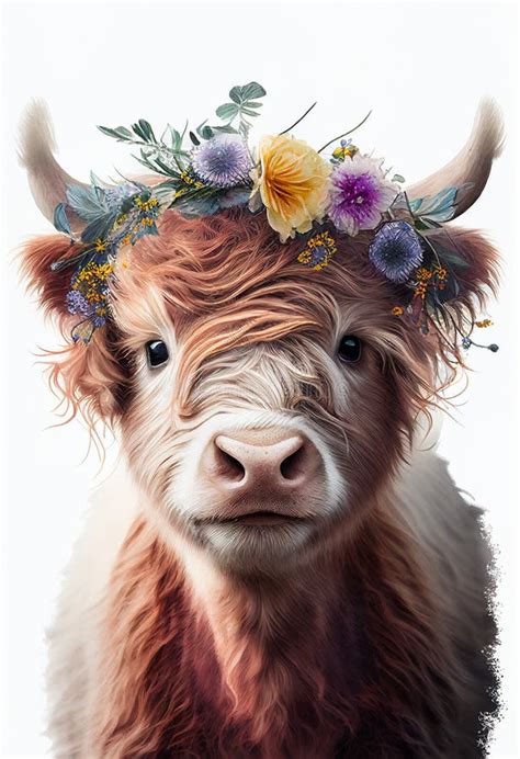 Watercolor Highland Cow Portrait Flowers Crown Stock Illustrations – 2 ...