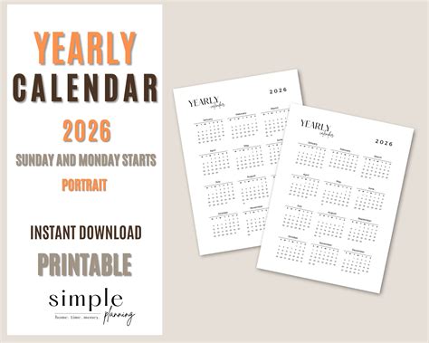 2026 Year Calendar Printable L Portrait And Landscape L Minimalist L