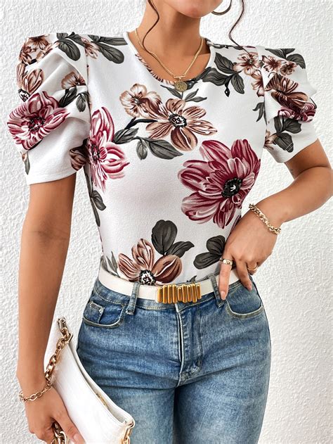 Shein Privé Floral Print Puff Sleeve Tee