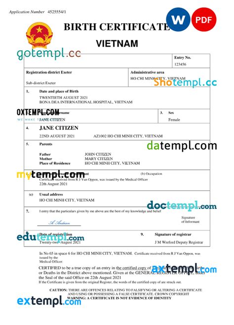 Vietnam Birth Certificate Word And Pdf Template Completely Editable