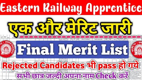 Eastern Railway Apprentice क एक और Merit list जर क गई ITI Railway