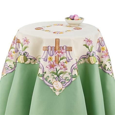 Embroidered Easter Cross Table Topper Cloth Tabletop Linen With