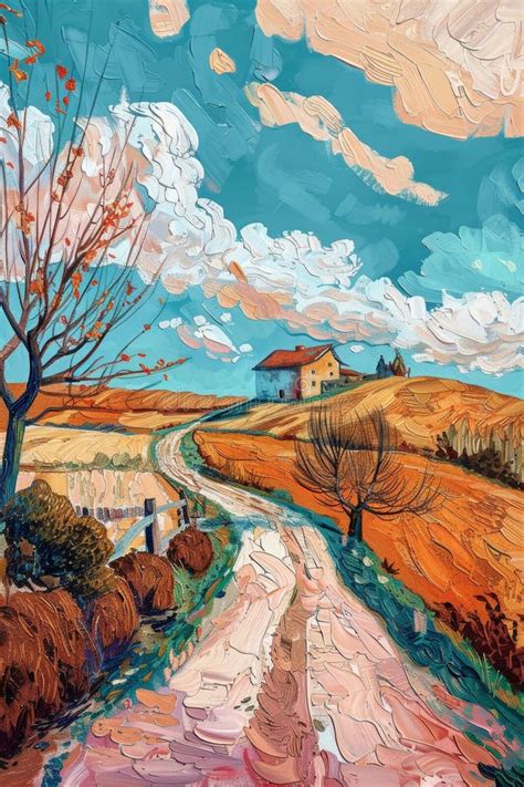 A farm landscape painting stock illustration. Illustration of orange ...