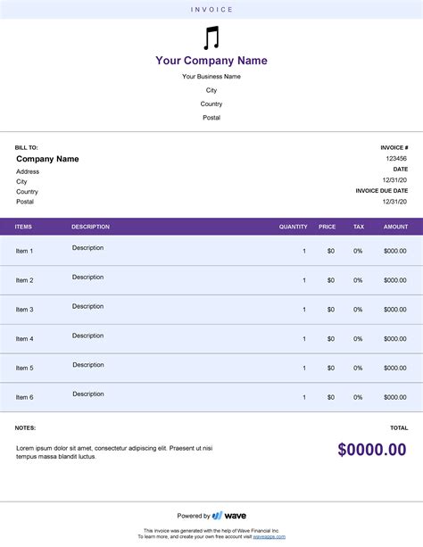 Musician Invoice Template Wave Invoicing