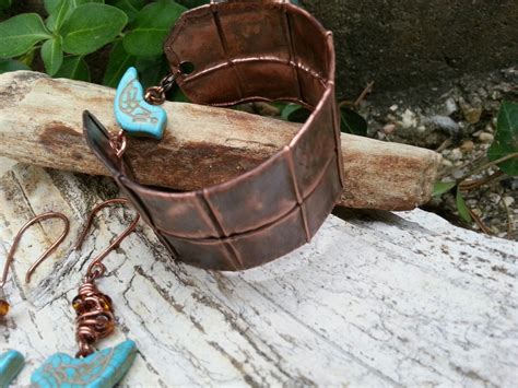 Fold Formed Copper Bracelet And Earrings Set Copper Bracelet Leather